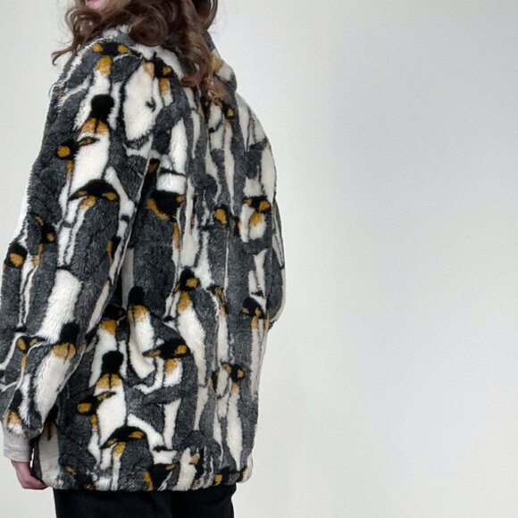 Vintage Novelty Print Penguin Pea Coat Faux Fur Teddy Jacket Oversized Peacoat - Picture 4 of 11